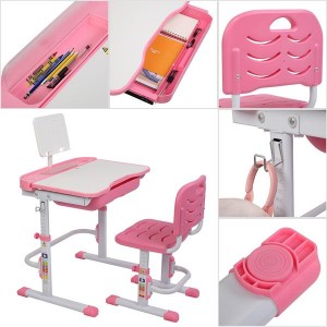 [US-W]70CM Lifting Table Can Tilt Children Learning Table And Chair Pink (With Reading Stand Without Table Lamp)