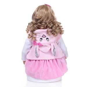 24" Beautiful Simulation Baby Golden Curly Girl Wearing Pink Rabbit Clothes Doll