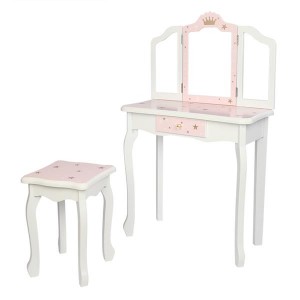 Wooden Toy Children's Dressing Table Three Foldable Mirror/Chair/Single Drawer Pink Star Style